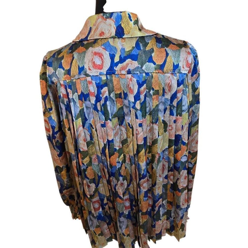 Radzoli Women's Artsy Multi-Print Pleated Button Front Blouse Blue Green Medium - Picture 3 of 12